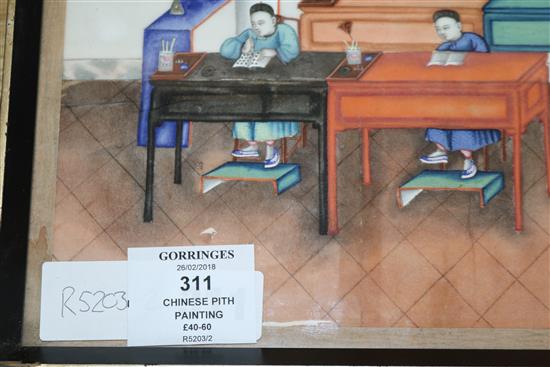 A 19th century Chinese gouache on pith paper, study of a school room 19 x 32cm